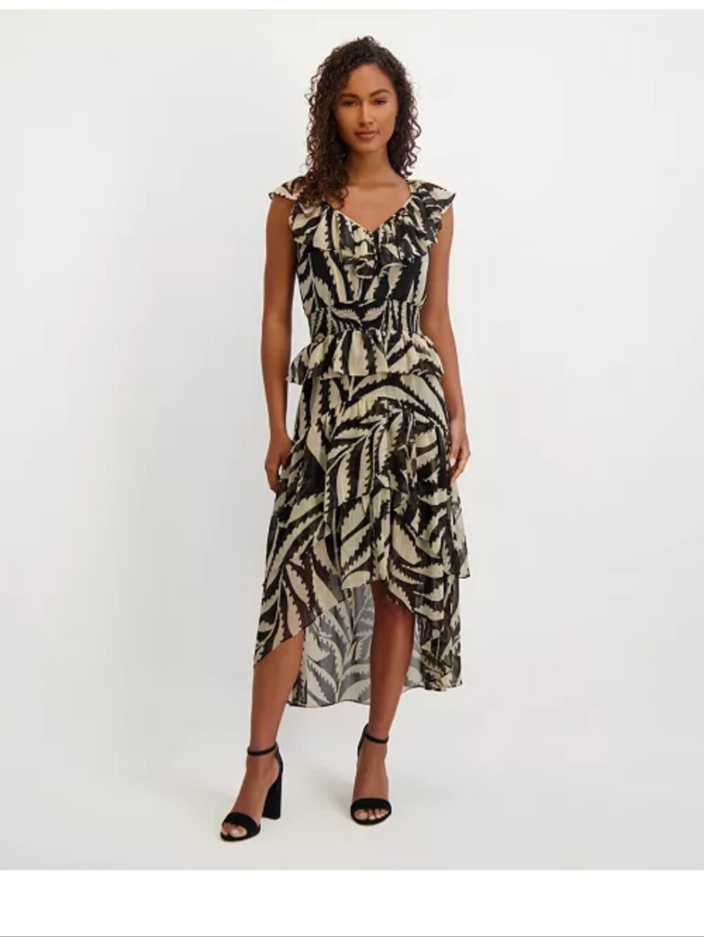 Kensie Dress Size 0 Black Beige Ruffle V Neck Midi Fit Flare Sheer Overlay NWT